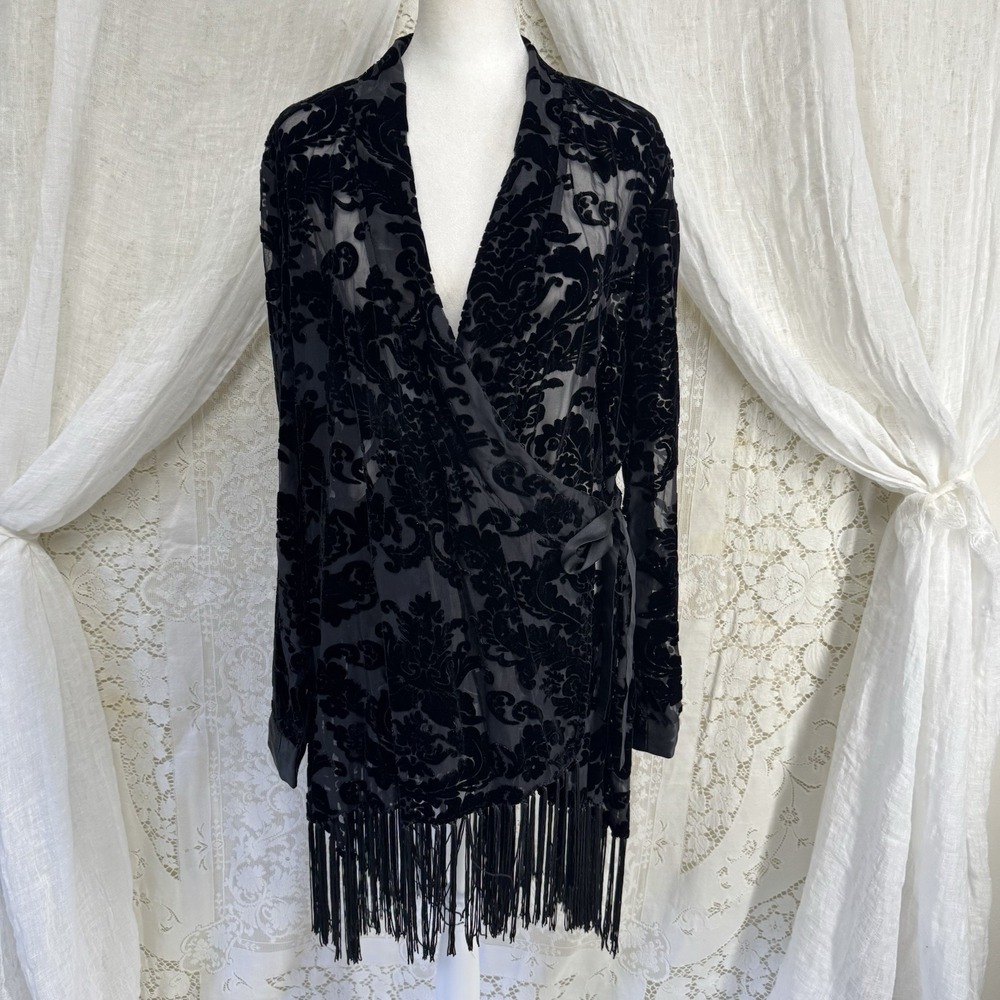 Soft Surroundings Velvet Burnout Kimono L Whimsigoth Witchy Boho Fringe Tie Wrap - Picture 2 of 8